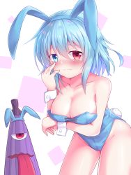 Rule 34 | 1girl, alternate costume, animal ears, arm under breasts, bare shoulders, blue eyes, blue hair, blue hairband, blue headband, blue leotard, blush, breasts, cleavage, closed mouth, collarbone, commentary request, contrapposto, cowboy shot, cross-laced clothes, embarrassed, fake animal ears, fake tail, frown, hair between eyes, hairband, hand on own cheek, hand on own face, headband, heterochromia, highres, jitome, karakasa obake, large breasts, leaning forward, leotard, looking at viewer, nose blush, patterned background, playboy bunny, rabbit ears, rabbit tail, red eyes, saisyuusensi, short hair, simple background, solo, standing, tail, tareme, tatara kogasa, tongue, touhou, umbrella, white background, wrist cuffs