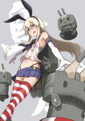 Rule 34 | 1girl, :3, absurdres, black hairband, blonde hair, blue skirt, brown eyes, buramen, commentary request, elbow gloves, gloves, grey background, hairband, highres, kantai collection, long hair, looking at viewer, navel, open mouth, plaid, plaid skirt, rensouhou-chan, shimakaze (kancolle), skirt, striped clothes, striped thighhighs, thighhighs, white gloves