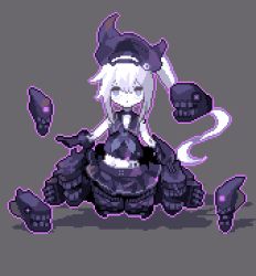 Rule 34 | 10s, 1girl, abyssal ship, amputee, black gloves, crop top, destroyer princess, double amputee, drac., fake horns, gloves, hat, horned headwear, horns, kantai collection, long hair, lowres, pixel art, purple eyes, school uniform, serafuku, side ponytail, simple background, sleeveless, solo, white hair