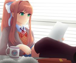 Rule 34 | 1girl, black thighhighs, blazer, window blinds, blue skirt, bow, box, box of chocolates, breasts, coffee mug, crumpled paper, cup, doki doki literature club, female focus, gift, green eyes, grey jacket, hair bow, heart, highres, holding, holding paper, holding pen, indoors, jacket, legs on table, legs up, littlewing1st, logo, long hair, medium breasts, monika (doki doki literature club), mug, neck ribbon, nose, orange vest, paper, pen, pleated skirt, ponytail, red ribbon, ribbon, school uniform, sidelocks, sitting, skirt, solo, table, thighhighs, valentine, vest, white bow, window, wing collar, writing