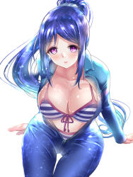 Rule 34 | 10s, 1girl, bad id, bad pixiv id, bikini, blue hair, blush, bodysuit, breasts, diving suit, large breasts, long hair, looking at viewer, love live!, love live! school idol festival, love live! sunshine!!, matsuura kanan, md5 mismatch, open bodysuit, open clothes, parted lips, ponytail, ponytail korosuke, purple eyes, simple background, sitting, solo, striped bikini, striped clothes, swimsuit, very long hair, wetsuit, white background
