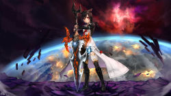 Rule 34 | 1girl, animal ears, warrior of light (ff14), black footwear, black gloves, black hair, black thighhighs, boots, closed mouth, commentary, commission, dress, elbow gloves, english commentary, eyes visible through hair, final fantasy, final fantasy xiv, fingerless gloves, gloves, hair over one eye, highres, holding, holding sword, holding weapon, knee boots, kobutanori, long hair, miqo&#039;te, planet, red eyes, smile, solo, space, star (sky), sword, thighhighs, weapon, white dress