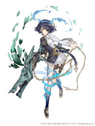 Rule 34 | 1girl, absurdres, alice (sinoalice), asymmetrical clothes, blue hair, chain, dark blue hair, eyepatch, full body, gold trim, gun, hairband, high heels, highres, holding, holding gun, holding weapon, ji no, looking at viewer, official art, pocket watch, red eyes, rifle, short hair, sinoalice, solo, square enix, tattoo, thigh strap, watch, weapon, white background