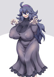 Rule 34 | 1girl, @ @, ahegao8, ahoge, breasts, covered erect nipples, creatures (company), female focus, game freak, hex maniac (pokemon), highres, huge breasts, long hair, looking at viewer, matching hair/eyes, nail polish, nintendo, open mouth, pokemon, pokemon xy, purple eyes, purple hair, solo