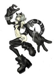 Rule 34 | 1girl, absurdres, balance (superdust), barcode, barcode tattoo, black footwear, black gloves, black thighhighs, boots, closed mouth, commentary, elbow gloves, gloves, green eyes, grey hair, highres, horns, leg tattoo, looking at viewer, original, oversized limbs, short hair, simple background, smile, solo, stomach tattoo, tail, tattoo, thighhighs, white background