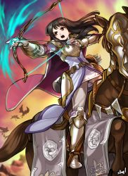 Rule 34 | 1girl, absurdres, animal, armor, armored boots, arrow (projectile), astrid (fire emblem), black hair, boots, bow (weapon), fire emblem, fire emblem: radiant dawn, highres, holding, holding bow (weapon), holding weapon, horse, horseback archery, horseback riding, long hair, nintendo, open mouth, quiver, riding, sbql (niaunclefan), shoulder armor, sunset, weapon