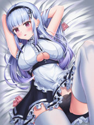 Rule 34 | 1girl, absurdres, apron, armpits, azur lane, bare shoulders, black hairband, black panties, blush, breasts, clothing cutout, condom, dido (azur lane), frills, hairband, highres, jewelry, lancheu, large breasts, long hair, looking at viewer, lying, maid, on back, panties, pink eyes, silver hair, sleeveless, solo, thighhighs, thighs, underboob, underboob cutout, underwear, waist apron, white apron, white thighhighs