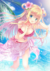 Rule 34 | 1girl, ahoge, bikini, blonde hair, blue eyes, blush, bow, bow bikini, breasts, cleavage, cloud, coconut tree, collarbone, flower, folded hair, hair flower, hair ornament, hairclip, hibiscus, highres, large breasts, leaning forward, long hair, navel, ocean, open mouth, original, outdoors, palm tree, sarong, sidelocks, sky, solo, standing, sunlight, swimsuit, tanihara natsuki, tree, two side up, wading, water drop