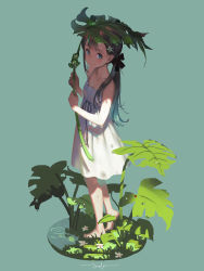 Rule 34 | 1girl, aqua eyes, bare shoulders, black bow, bow, braid, dress, flower, frog, from above, green hair, hair bow, hair flower, hair ornament, highres, holding, holding leaf, leaf, looking to the side, original, photoshop (medium), redrawn, signature, sleeveless, sleeveless dress, smile, solo, vofan, white dress