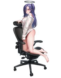 Rule 34 | 1girl, absurdres, ass, barefoot, blue archive, blush, breasts, chair, chochomi, full body, halo, highres, large breasts, long hair, long sleeves, looking at viewer, mechanical halo, parted lips, purple eyes, purple hair, see-through, see-through shirt, shirt, simple background, solo, two side up, wet, wet clothes, wet shirt, white background, white shirt, yuuka (blue archive)