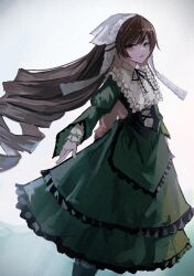 Rule 34 | 1girl, absurdres, black corset, black ribbon, brown eyes, brown hair, collared dress, commentary request, corset, dress, drill hair, expressionless, feet out of frame, frilled dress, frilled shirt collar, frills, green dress, green eyes, head scarf, heterochromia, highres, lace, lolita fashion, long dress, long hair, long sleeves, looking at viewer, medium bangs, neck ribbon, open mouth, ribbon, rozen maiden, sabire105, solo, suiseiseki, twin drills, very long hair