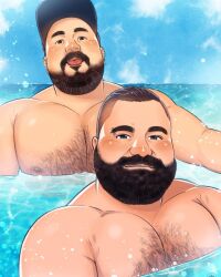 Rule 34 | 2boys, :p, bara, beach, beard, blue sky, blush, chest hair, commission, couple, daisukebear, eyebrow piercing, facial hair, fat, fat man, hair slicked back, highres, large pectorals, long mustache, looking at viewer, male focus, mature male, multiple boys, muscular, muscular male, mustache, nude, original, partially submerged, pectorals, piercing, realistic, receding hairline, short hair, sky, thick eyebrows, thick mustache, tongue, tongue out, water, yaoi