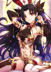Rule 34 | 1girl, animal ears, arm up, armlet, armpits, bare shoulders, black hair, black ribbon, blue gemstone, blush, bow, bowtie, breasts, cleavage, detached collar, earrings, fake animal ears, fate/grand order, fate (series), gem, gold, gold trim, hair ribbon, hairband, hand up, head tilt, high heels, highres, hoop earrings, ishtar (fate), jewelry, leotard, light particles, long hair, looking at viewer, nail polish, neck ring, parted bangs, playboy bunny, purple gemstone, rabbit ears, rabbit tail, red eyes, red nails, ribbon, sakiyamama, see-through, signature, sitting, smile, solo, tail, thighhighs, toeless legwear, two side up, wariza, white thighhighs, wrist cuffs