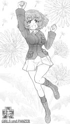 Rule 34 | 1girl, :d, akiyama yukari, boots, clenched hands, commentary request, copyright name, dandelion, emblem, enoya-eno, floral background, flower, girls und panzer, greyscale, highres, jacket, leg up, long sleeves, looking at viewer, messy hair, military, military uniform, miniskirt, monochrome, ooarai (emblem), ooarai military uniform, open mouth, parted lips, partial commentary, pleated skirt, raised fist, shirt, short hair, skirt, smile, socks, solo, standing, standing on one leg, uniform, zipper