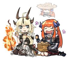 Rule 34 | 2girls, ahoge, arknights, bagpipe (arknights), black gloves, black pantyhose, blonde hair, closed eyes, commentary, dragon girl, dragon horns, english commentary, flame-tipped tail, flower, gloves, grey eyes, hat, horns, infection monitor (arknights), kneehighs, long hair, long sleeves, multiple girls, namieeesss, no pupils, official alternate costume, open mouth, orange hair, pantyhose, potato, reed (arknights), reed the flame shadow (arknights), seiza, short sleeves, sidelocks, simple background, sitting, smile, socks, straw hat, sweatdrop, white background, white flower