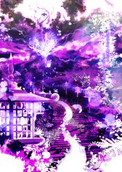 Rule 34 | blurry, cherry blossoms, depth of field, female focus, flower, glowing, hakugyokurou, hitodama, monochrome, outdoors, petals, pink theme, plant, purple theme, scenery, silhouette, solo, stairs, touhou, translation request, uki (room 405)