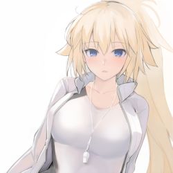 Rule 34 | 1girl, bad id, bad pixiv id, blonde hair, blue eyes, breasts, collarbone, competition swimsuit, dutch angle, fate/grand order, fate (series), hair between eyes, high ponytail, jacket, jeanne d&#039;arc (fate), jeanne d&#039;arc (ruler) (fate), jeanne d&#039;arc (swimsuit archer) (fate), jeanne d&#039;arc (swimsuit archer) (second ascension) (fate), large breasts, long hair, mobu, one-piece swimsuit, open clothes, open jacket, parted lips, ponytail, simple background, solo, swimsuit, upper body, whistle, whistle around neck, white background, white jacket, white one-piece swimsuit