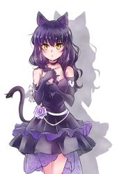 Rule 34 | 1girl, animal ears, arm ribbon, bare shoulders, black dress, black hair, blake belladonna, blush, braid, breasts, bridal gauntlets, cat ears, cat girl, cat tail, choker, collarbone, cowboy shot, dress, elbow gloves, expressionless, extra ears, facing viewer, faunus (rwby), flower, flower ornament, formal, gloves, hands up, highres, holding, holding own hair, iesupa, legs together, long hair, looking at viewer, medium breasts, parted lips, purple dress, ribbon, rwby, shadow, simple background, single braid, skirt, slit pupils, solo, standing, tail, white background, yellow eyes