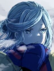 Rule 34 | 1boy, aqua eyes, aqua hair, blue mittens, blue scarf, blurry, breath, commentary request, creatures (company), eyelashes, game freak, grusha (pokemon), hand up, highres, jacket, male focus, mittens, nintendo, outdoors, parted lips, pokemon, pokemon sv, saikisaika, scarf, solo, striped clothes, striped scarf, upper body, yellow jacket