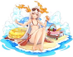 Rule 34 | 1girl, antenna hair, apple, ark order, baguette, barefoot, beach, bikini, bird, bread, breasts, breasts apart, cloud, cooler, crab, dango remi, eyewear on head, facial mark, fiery horns, fire, food, fruit, grapes, green apple, holding, horns, inflatable dolphin, inflatable toy, innertube, lotion, official art, orange eyes, picnic basket, red apple, red sarong, sarong, soda bottle, solo, sunscreen, surtr (ark order), swim ring, swimsuit, tachi-e, transparent background, water, white bikini, white hair