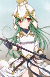 Rule 34 | 1girl, arm guards, armor, artist name, athena (p&amp;d), black gloves, black ribbon, blurry, blush, frown, gloves, gradient background, green hair, helmet, highres, holding, holding weapon, long hair, looking at viewer, polearm, puzzle &amp; dragons, red eyes, ribbon, shoulder pads, side slit, simple background, skirt, solo, standing, suzushirokei, weapon, white skirt