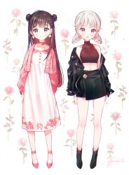 Rule 34 | 2girls, :d, ankle strap, arms at sides, artist name, black footwear, black hair, black jacket, black skirt, boots, brown eyes, cardigan, choker, crop top, double bun, dress, earrings, floral background, floral print, flower, full body, gomzi, grey hair, hair bun, jacket, jewelry, leather, leather jacket, long hair, long sleeves, looking at viewer, midriff, multiple girls, open mouth, original, pink cardigan, pink flower, pink footwear, pink ribbon, pink rose, red eyes, ribbed sweater, ribbon, ribbon choker, rose, signature, skirt, sleeveless, smile, sweater, turtleneck, twintails