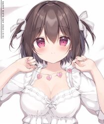 Rule 34 | 1girl, bed sheet, bow, breasts, brown hair, character name, cleavage, closed mouth, commentary request, dated, grey bow, hair between eyes, hair bow, hands up, happy birthday, highres, looking at viewer, lying, medium breasts, miyasaka naco, neru (miyasaka nako), on back, original, puffy short sleeves, puffy sleeves, red eyes, shirt, short sleeves, smile, solo, two side up, white shirt