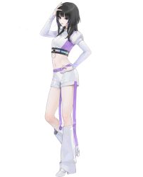 1girl ayase_ito belt black_eyes black_hair breasts high_heels idol long_hair long_sleeves looking_at_viewer multicolored_hair nail_polish navel negative_happy o-ring o-ring_belt official_art ohisashiburi puffy_sleeves purple_belt shirt shorts standing streaked_hair transparent_background white_shirt white_shorts