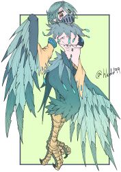 Rule 34 | 1girl, absurdres, aqua hair, bird legs, breasts, feathers, full body, harpy, highres, hkdd99, looking at viewer, mask, medium breasts, monster girl, mouth mask, original, short hair, sideboob, solo, talons, twitter username, winged arms, wings, yellow eyes