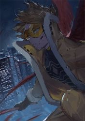 Rule 34 | 1boy, black gloves, black shirt, blonde hair, blood, blood on face, boku no hero academia, brown jacket, building, city, facial hair, facial mark, feathered wings, feathers, fighting stance, floating hair, fur-trimmed gloves, fur-trimmed jacket, fur trim, gloves, goggles, hawks (boku no hero academia), high collar, holding, holding feather, jacket, looking afar, looking ahead, looking away, male focus, mm39572, night, outstretched arm, pale skin, parted lips, rain, red wings, sanpaku, shirt, short hair, solo, squatting, stubble, tinted eyewear, water drop, wet, wet hair, wind, wings, yellow-tinted eyewear, yellow eyes