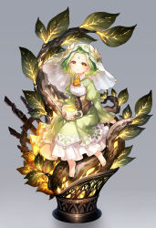 Rule 34 | 1girl, ascot, barefoot, commentary, english commentary, green hair, grey background, highres, juliet sleeves, kito (sorahate), leaf, long sleeves, looking at viewer, original, parted bangs, puffy sleeves, short hair, simple background, sitting, smile, solo, veil, watering can, wide sleeves, yellow ascot, yellow eyes