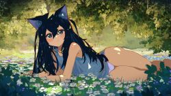 Rule 34 | 1girl, absurdres, animal ear fluff, animal ears, black hair, blue eyes, blue shirt, blush, casual, cat ears, closed mouth, commentary request, crossed bangs, dappled sunlight, day, feet out of frame, flower, grass, hair between eyes, highres, kgt (pixiv12957613), long bangs, long hair, looking at viewer, lying, nature, no pants, on side, original, outdoors, panties, pink panties, plant, shirt, smile, solo, sunlight, thighs, underwear, white flower