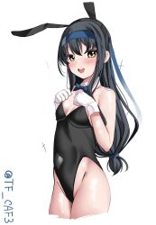 Rule 34 | 1girl, animal ears, bare legs, bare shoulders, black hair, black leotard, bow, bowtie, breasts, brown eyes, cleavage, covered navel, detached collar, fake animal ears, gloves, hair between eyes, hatsushimo (kancolle), hatsushimo kai ni (kancolle), headband, highres, kantai collection, leotard, long hair, looking at viewer, low-tied long hair, open mouth, playboy bunny, rabbit ears, red eyes, side-tie leotard, small breasts, smile, solo, strapless, strapless leotard, tf cafe, twitter username, white gloves, wrist cuffs