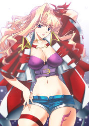 Rule 34 | 1girl, :d, akazaki yasuma, arm up, blonde hair, blue eyes, breasts, bustier, cleavage, covered erect nipples, crop top, denim, denim shorts, earrings, female focus, gradient background, hair intakes, hand on own hip, hip focus, hoop earrings, jacket, jewelry, large breasts, lingerie, long hair, lowleg, macross, macross frontier, macross frontier: itsuwari no utahime, midriff, navel, necklace, open clothes, open fly, open jacket, open mouth, ribbon, sheryl nome, short shorts, shorts, smile, snow, solo, standing, strap, tattoo, thigh strap, thighs, unbuttoned, underwear, unzipped, wavy hair, wide hips