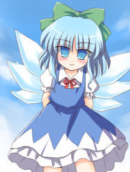 Rule 34 | 1girl, arms behind back, blue eyes, blue hair, blush, bow, child, cirno, cowboy shot, eyes visible through hair, female focus, gradient background, green bow, hair bow, hair ribbon, ice, ice wings, matching hair/eyes, neck ribbon, outdoors, puffy short sleeves, puffy sleeves, red ribbon, ribbon, ry (yagoyago), shoot the bullet, short hair, short sleeves, skirt, skirt set, sky, solo, touhou, white background, wings