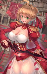 Rule 34 | 10s, 1girl, aestus estus, ahoge, blonde hair, breasts, cleavage, dress, epaulettes, fate/extra, fate/grand order, fate (series), green eyes, hair bun, hair intakes, hair ornament, hair ribbon, highres, holding, holding sword, holding weapon, large breasts, leotard, long sleeves, looking at viewer, nero claudius (fate), nero claudius (fate) (all), nero claudius (fate/extra), open mouth, petals, plaster (2501), red dress, red ribbon, ribbon, see-through, shiny skin, short hair, single hair bun, solo, standing, sword, weapon, white leotard