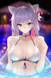 Rule 34 | 1girl, bare shoulders, bikini, blush, braid, breasts, choker, cleavage, closed mouth, collarbone, cone hair bun, double bun, genshin impact, hair bun, hair ornament, half-closed eyes, halterneck, hand on own chest, highres, keqing (genshin impact), large breasts, looking at viewer, navel, partially submerged, pool, purple eyes, purple hair, solo, swimsuit, tommy (kingdukeee), twintails, upper body, water, white bikini