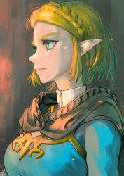 Rule 34 | 1girl, arm at side, blonde hair, braid, breasts, closed mouth, elf, gradient background, green eyes, highres, kilye kairi, large breasts, lips, looking to the side, neck, nintendo, pointy ears, princess zelda, serious, short hair, simple background, solo, the legend of zelda, the legend of zelda: breath of the wild, the legend of zelda: tears of the kingdom, upper body