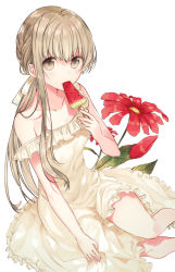 Rule 34 | 1girl, bare arms, bare shoulders, blush, brown dress, brown eyes, brown hair, collarbone, commentary request, dress, feet out of frame, flower, food, hair between eyes, holding, holding food, kazutake hazano, long hair, looking at viewer, popsicle, red flower, shiro seijo to kuro bokushi, sidelocks, simple background, sitting, sleeveless, sleeveless dress, solo, very long hair, watermelon bar, white background