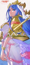 Rule 34 | 1girl, aqua hair, breasts, capelet, cleavage, crown, dress, fire emblem, fire emblem engage, headdress, highres, jewelry, large breasts, long hair, looking at viewer, lumera (fire emblem), mature female, mika pikazo, nintendo, official art, ribbon, sidelocks, smile, swept bangs, very long hair