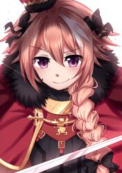 Rule 34 | astolfo (fate), black bow, black fur, bow, braid, cape, cloak, cross, crown, fate/apocrypha, fate/grand order, fate (series), fur-trimmed cape, fur trim, gold trim, hair bow, hair intakes, highres, long hair, looking at viewer, multicolored hair, pink hair, purple eyes, red cape, red cloak, rktsm, simple background, smile, streaked hair, trap, upper body, white background, white hair