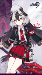 1girl animal animal_on_head armband belt black_hair black_jacket copyright_name copyright_notice coralie_(honkai_impact) coralie_(puppy_patrol)_(honkai_impact) dog expressionless grey_eyes grey_hair hair_between_eyes hair_ornament hammer highres holding holding_hammer holding_weapon honkai_(series) honkai_impact_3rd jacket long_hair long_sleeves looking_at_viewer multicolored_hair necktie official_art on_head pleated_skirt red_armband red_belt red_necktie red_skirt shirt skirt solo tail thigh_belt thigh_strap two-tone_hair weapon white_shirt zoom_layer