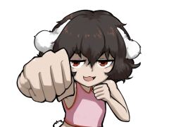 Rule 34 | 1girl, :3, animal ears, brown eyes, brown hair, clenched hands, commentary, flat chest, floppy ears, hair between eyes, highres, inaba tewi, incoming attack, incoming punch, long bangs, looking at viewer, open mouth, pink tank top, punching, rabbit ears, rabbit girl, rabbit tail, short hair, simple background, smile, solo, tail, tank top, thick eyebrows, touhou, transparent background, ttzl, upper body, v-shaped eyebrows