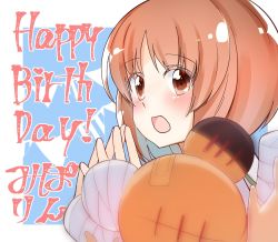 Rule 34 | 1girl, bandages, bandaid, blurry, blurry foreground, blush, boko (girls und panzer), brown eyes, brown hair, character name, commentary, english text, fingers together, girls und panzer, happy birthday, highres, looking at viewer, nishizumi miho, open mouth, out of frame, pov, short hair, smile, solo focus, string of flags, stuffed animal, stuffed toy, teddy bear, toon (noin), translated
