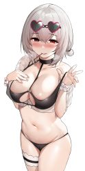 Rule 34 | 1girl, absurdres, azur lane, bare shoulders, bikini, black bikini, blush, breasts, cleavage, eyewear on head, food, food in mouth, hair between eyes, half-closed eyes, hand on own chest, heart, heart-shaped eyewear, heavy breathing, highres, large breasts, long hair, looking at viewer, naughty face, navel, nose blush, o-ring, o-ring top, off shoulder, parted lips, pocky, pulled by self, red eyes, scrunchie, see-through, short hair, short twintails, silver hair, simple background, sirius (azur lane), sirius (scorching-hot seirios) (azur lane), smile, solo, standing, strap pull, sunglasses, suou-sensei, swimsuit, thigh strap, twintails, white background, white scrunchie, wrist scrunchie