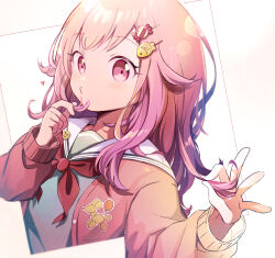 Rule 34 | 1girl, candy hair ornament, cardigan, commentary request, fish hair ornament, food-themed hair ornament, hair ornament, hairclip, highres, holding, holding hair, long hair, long sleeves, miyamasuzaka girls&#039; academy school uniform, momomo (m0 3), neck ribbon, pink cardigan, pink eyes, pink hair, project sekai, red ribbon, ribbon, sailor collar, school uniform, solo, white background