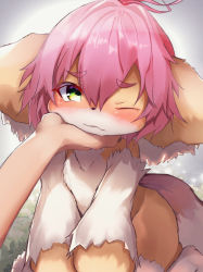 Rule 34 | animal ears, blush, body fur, furry, green eyes, hand on another&#039;s face, highres, nude, one eye closed, original, pink hair, solo focus, tab head, tail