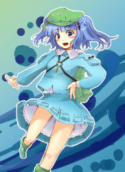 Rule 34 | 1girl, backpack, bag, blue eyes, blue hair, blush, blush stickers, female focus, gradient background, hair bobbles, hair ornament, hand on own hip, hat, himeno suika, kawashiro nitori, key, matching hair/eyes, open mouth, short hair, skirt, solo, touhou, twintails, two side up