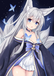 Rule 34 | 1girl, :o, absurdres, aged down, animal ear fluff, animal ears, azur lane, bare shoulders, blue choker, blue eyes, blush, bow, breasts, breasts out, bug, butterfly, censored, censored nipples, choker, collarbone, convenient censoring, cowboy shot, dark background, fang, fox ears, fox girl, fox tail, highres, insect, japanese clothes, long hair, long sleeves, looking at viewer, nagato-chan, off shoulder, open mouth, purple bow, shinano (azur lane), sidelocks, silver hair, skin fang, small breasts, solo, straight hair, tail, thighs, very long hair, wide sleeves