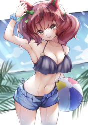 Rule 34 | 1girl, animal ears, arm up, armpits, bikini, blurry, blurry background, blush, breasts, brown eyes, cleavage, collarbone, commentary request, highres, horse ears, horse girl, looking at viewer, medium breasts, navel, nice nature (umamusume), short shorts, shorts, solo, swimsuit, tongue, tongue out, umamusume, user gfrz2872, wet